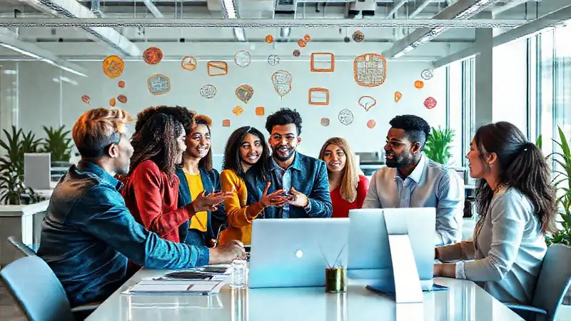 Equipo de oficina colaborando en un entorno vibrante