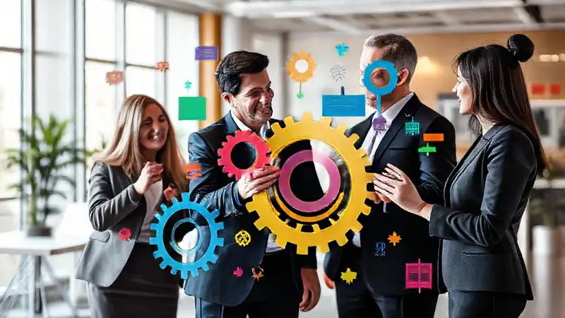 Equipo corporativo colaborando en un entorno dinámico