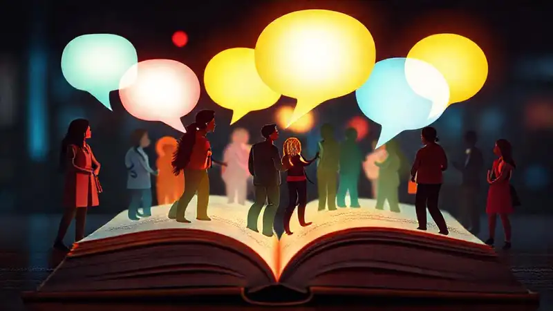 Personas conversando en libro brillante y colorido