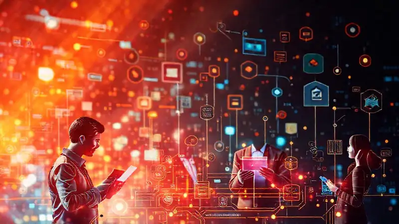 Dispositivos digitales modernos conectando profesionales innovadores