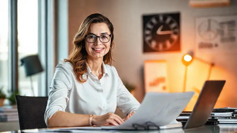 Contadora confiable en oficina moderna y cálida