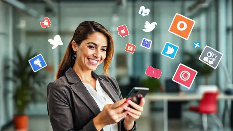 Mujer profesional sonriendo con teléfono y redes