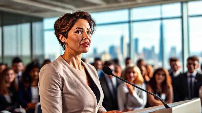 Mujer profesional habla en conferencia inspiradora
