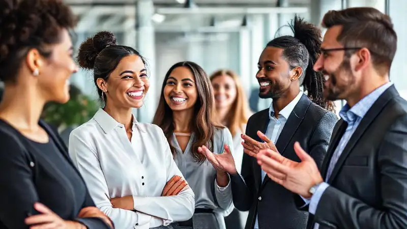 Profesional sonriente en oficina moderna y colaborativa