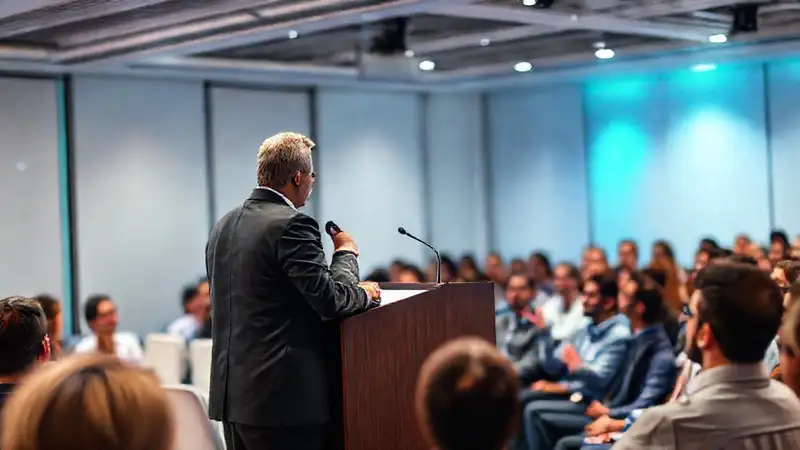 Orador profesional cautiva audiencia en moderna sala