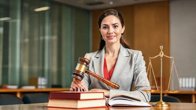 Abogada en oficina moderna con temas legales