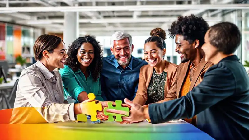 Equipo diverso colabora en ambiente positivo