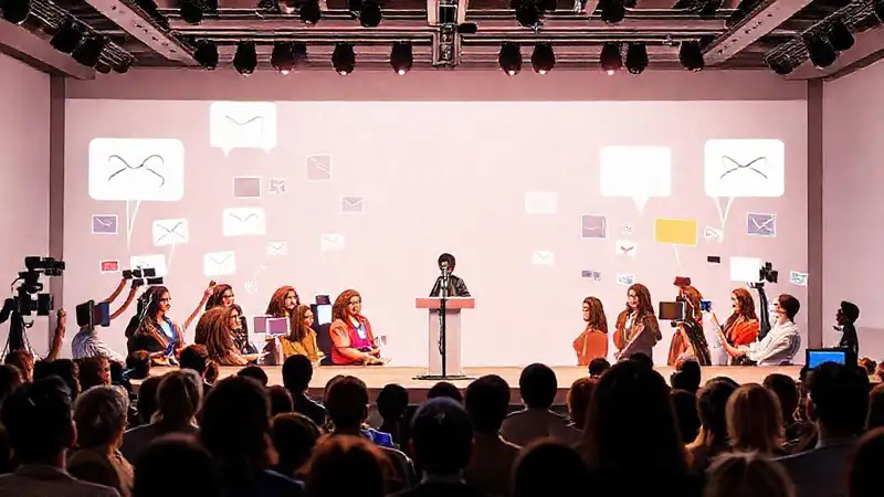 Conferencia moderna con periodistas y tecnología