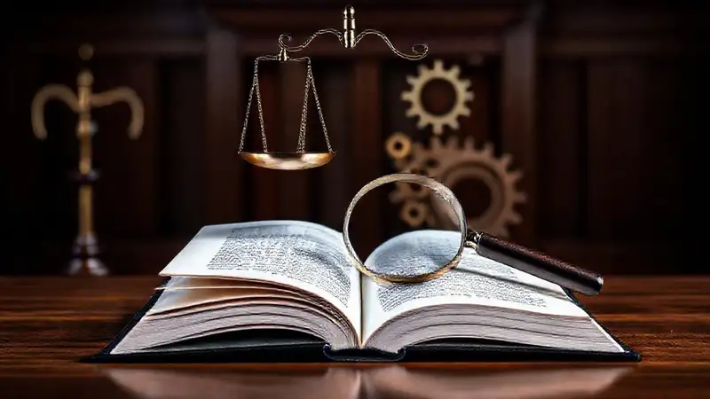 Libro abierto con balanzas y lupa analizando