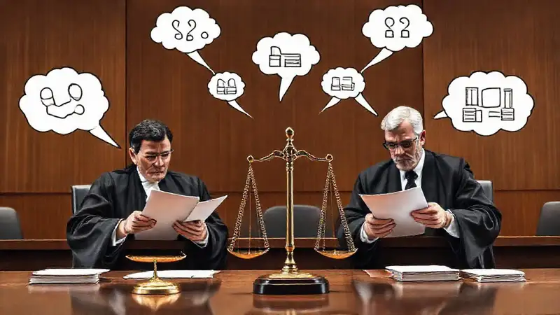 Jueces revisando documentos en un juicio moderno