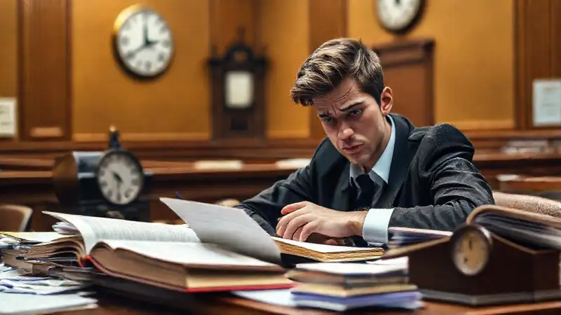 Estudiante estresado estudiando en sala judicial