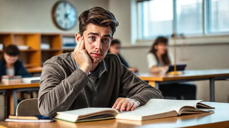 Estudiante confundido en examen con libros y balanza