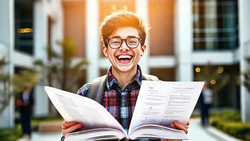 Estudiante feliz con libros y resúmenes