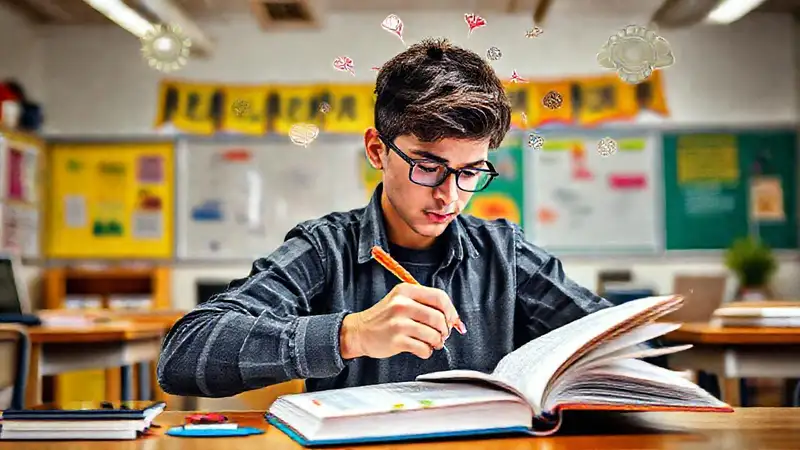 Estudiante motivado con notas y tecnología