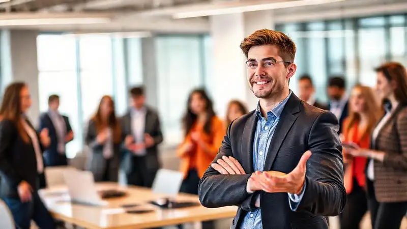 Joven profesional presenta en oficina moderna