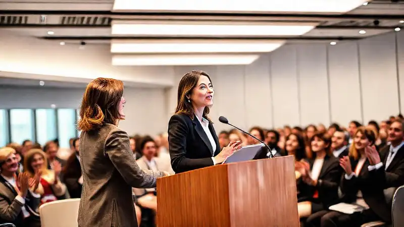 Mujer profesional presenta en audiencia diversa