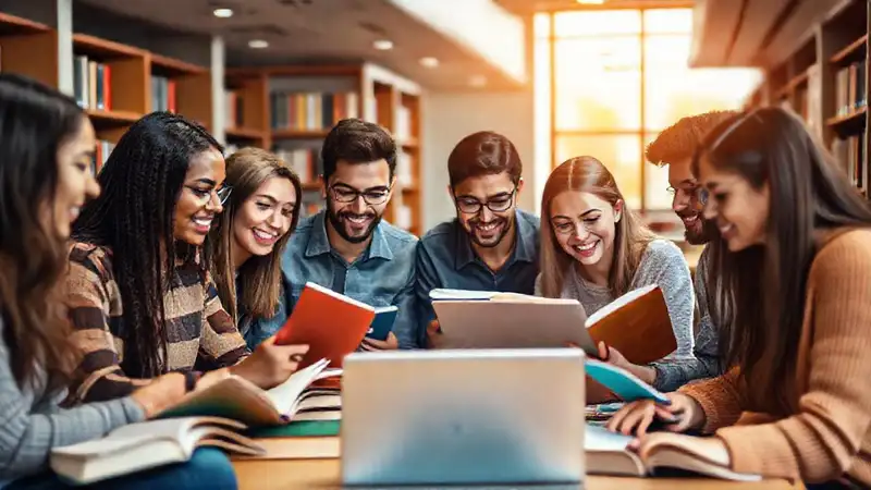 Estudiantes colaborando en una biblioteca moderna