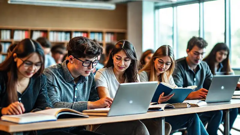 Estudiantes estudiando juntos en aula moderna
