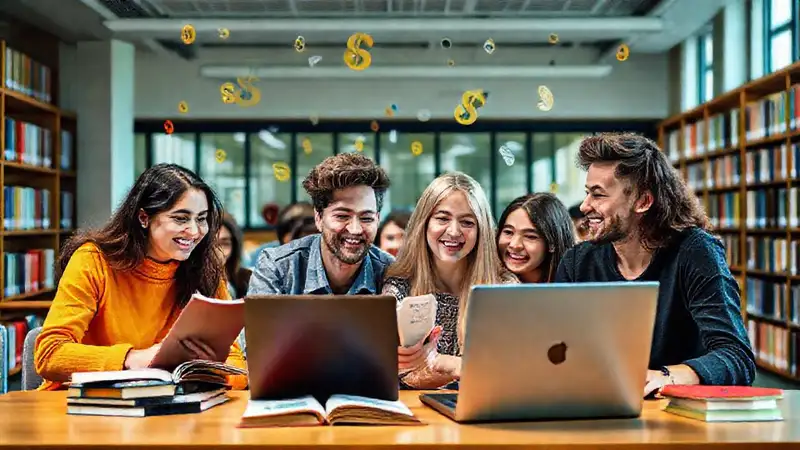 Estudiantes colaborando en una moderna biblioteca vibrante