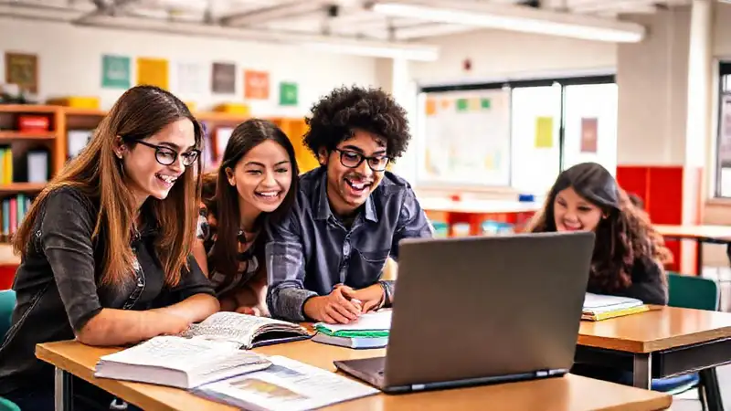 Estudiantes colaborando en un entorno moderno
