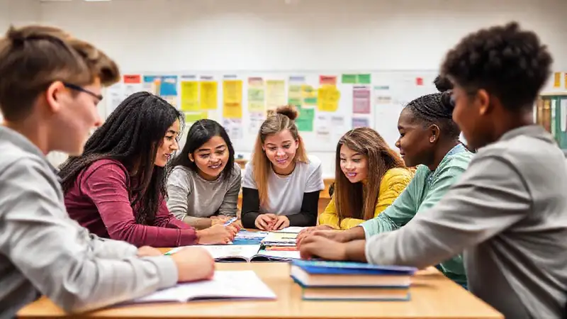 Estudiantes colaborando en un entorno educativo moderno