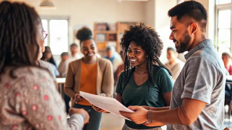 Diversos voluntarios en capacitación, comunidad activa